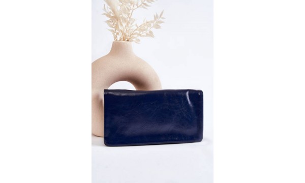 Didelė moteriška odinė piniginė su užtrauktuku Tamsiai mėlynos spalvos blizgesys