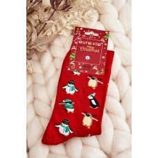Mužské vánoční bavlněné ponožky s tučňáky červené